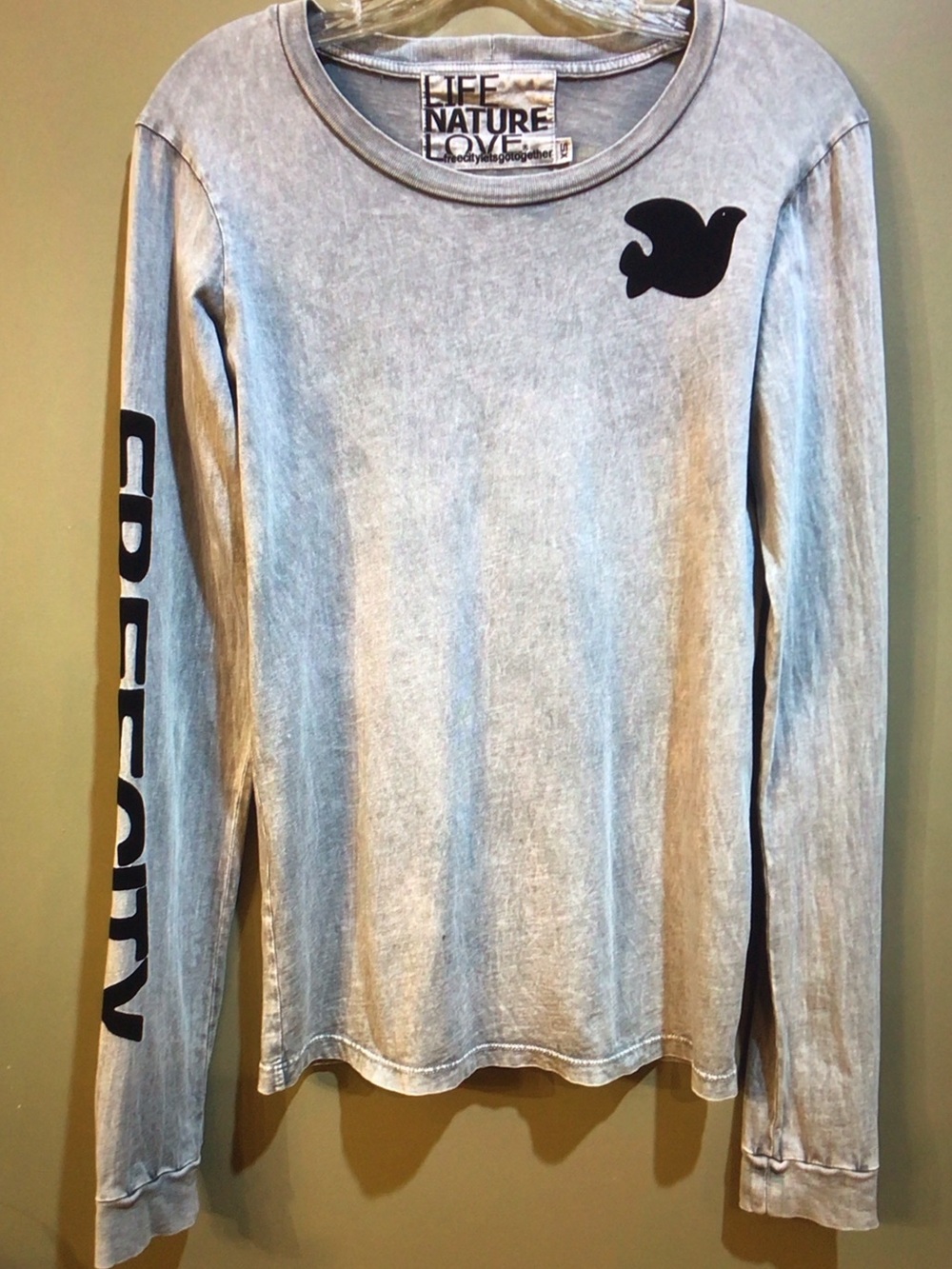 freecity Women's Light Gray Washed Long Sleeve Tee with Black Logo